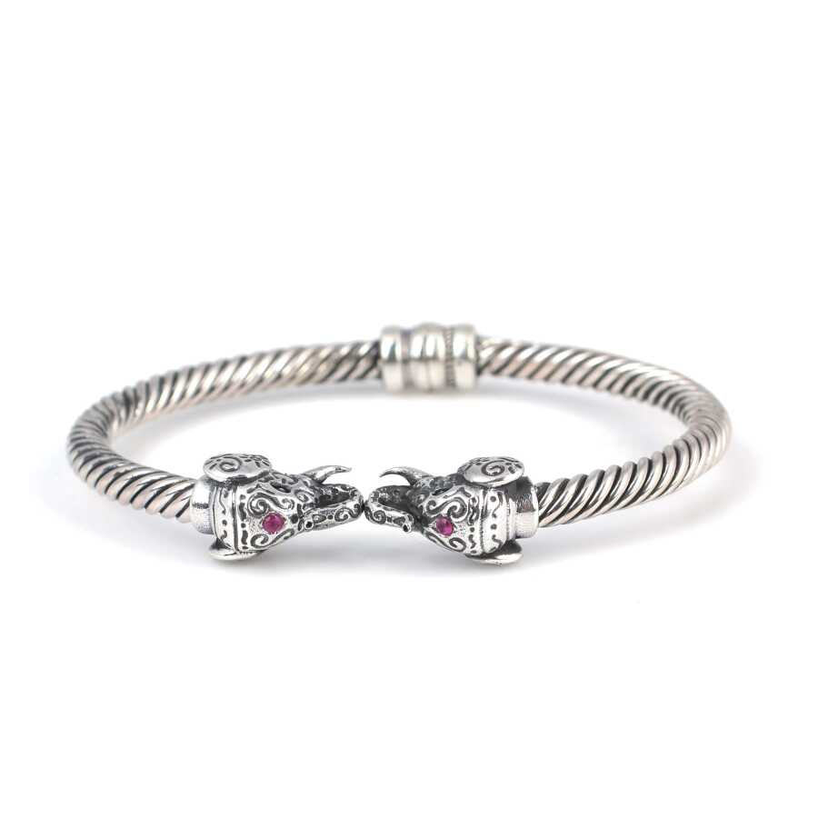 Sterling Silver Elephant Head Men's Twisted Cuff Bracelet with Ruby Zircon