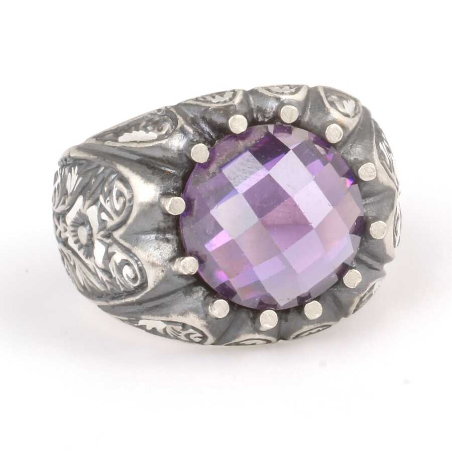 Sterling Silver Men's Ring - Hand-Engraved with Synthetic Amethyst