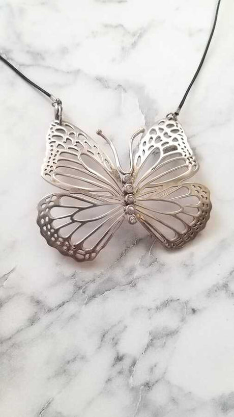 Sterling Silver Large Butterfly Necklace - White Zircon & Leather