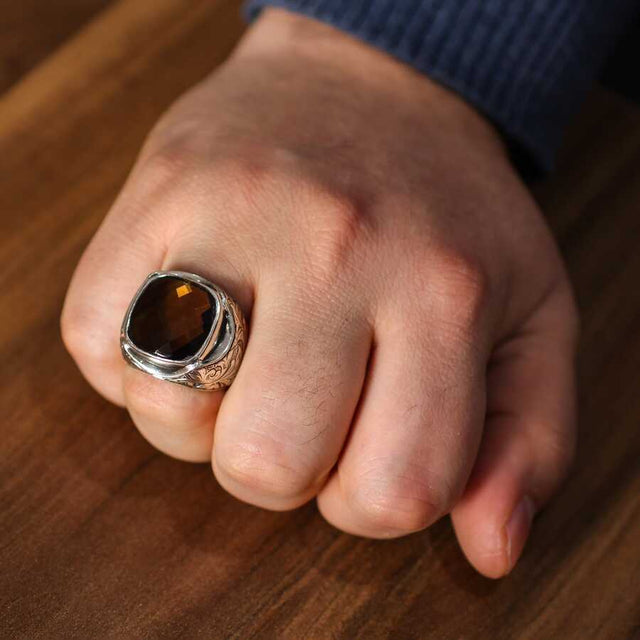 Sterling Silver Men's Ring - Hand-Engraved Smoky Quartz Stone