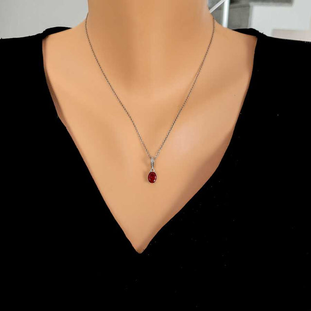 925 Sterling Silver Dainty Oval Synthetic Ruby Pendant Necklace