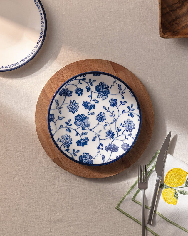 New Bone Porcelain Plate - Dreamy Blue Floral Design