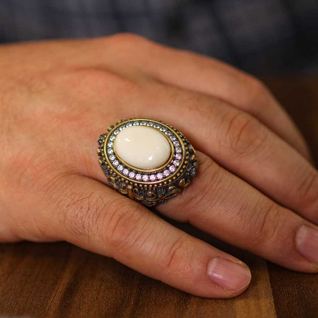 Premium Mens Sterling Silver Ring Ivory Zircon Aquamarine