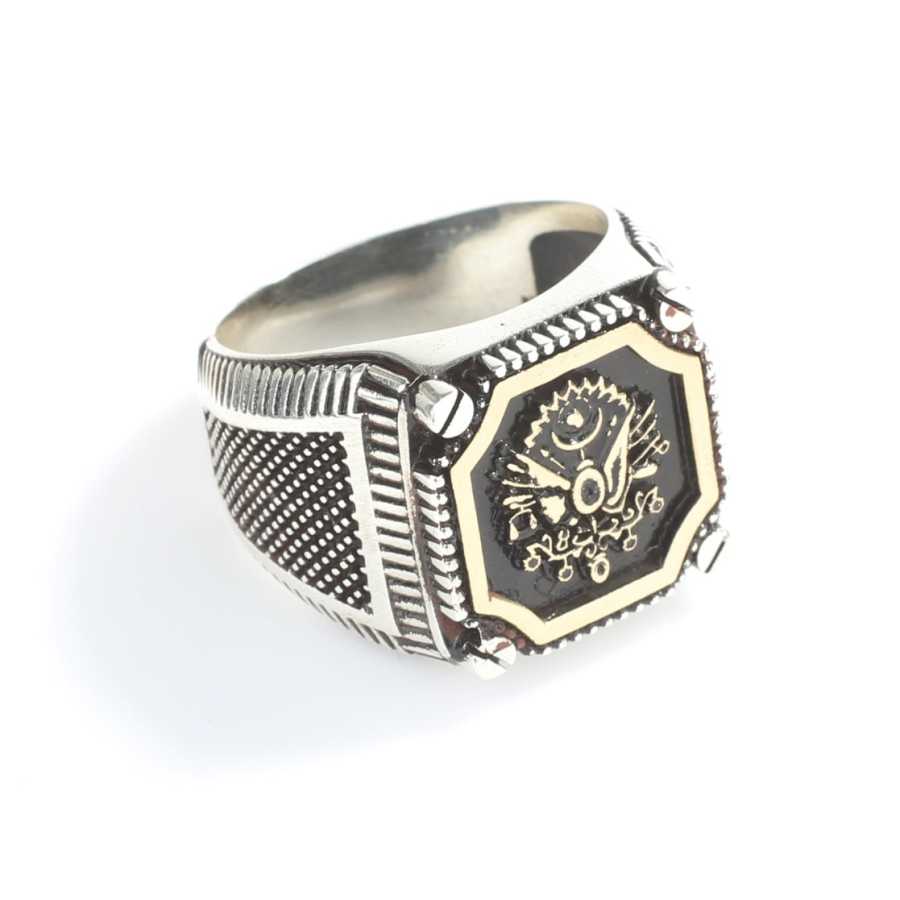 925 Sterling Silver & Bronze Men's Ring - Square Ottoman Coat of Arms