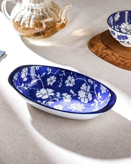 New Bone China Oval Handled Plate - Rêve Bleu Elegant Design