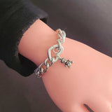 925 Sterling Silver Figaro Bracelet - Heart Lock & Bear Charm