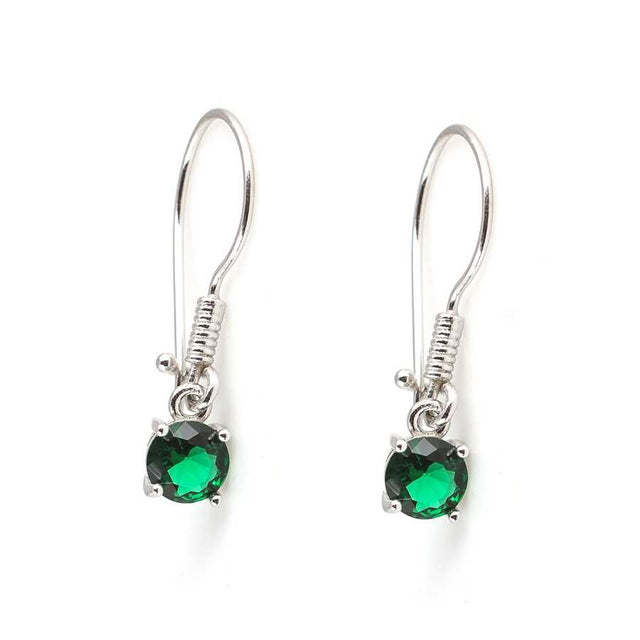 Sterling Silver Round Synthetic Emerald Dangle Earrings - Elegant & Petite