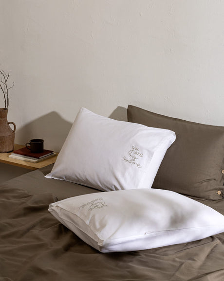 Embroidered 100% Cotton Pillowcase Set - White & Grey, 2-Pack