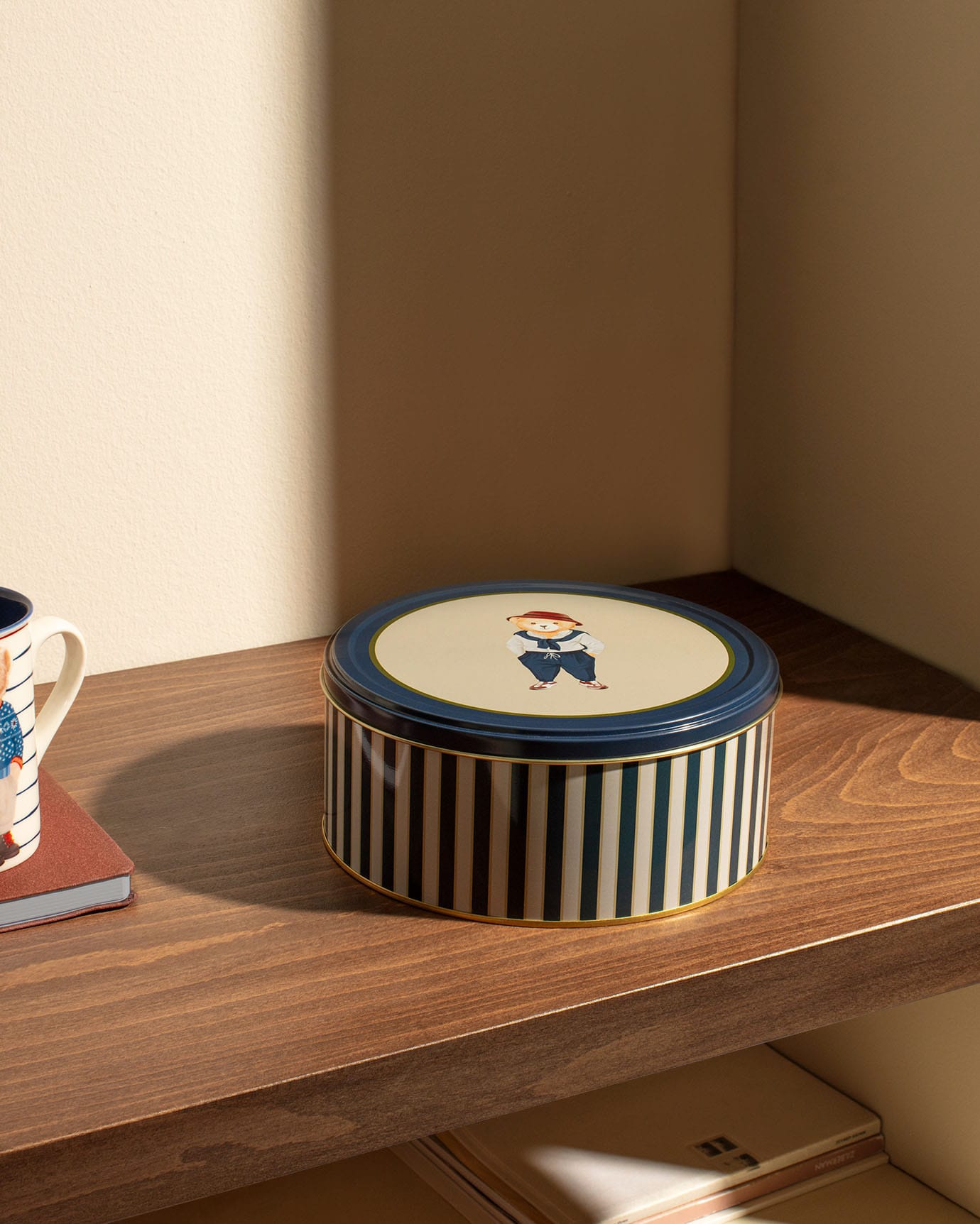 Elegant Metal Storage Box - Round Jasmin Navy Beige Food Safe