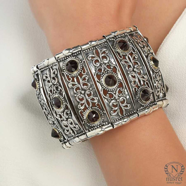 Sterling Silver Garnet Byzantine Bracelet - Segmented Openwork Design