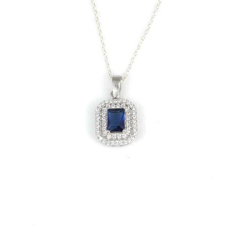 925 Sterling Silver Rectangular Double Halo Sapphire Zircon Necklace