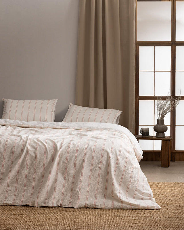 Full Size Washed Seersucker Striped 100% Cotton Duvet Cover Set - White & Coral