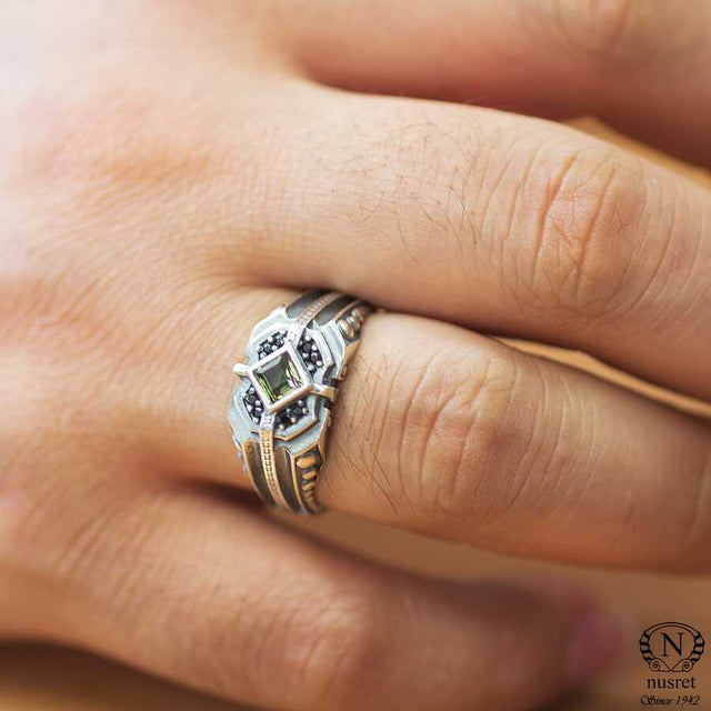 Sterling Silver Sultanite & Onyx Men's Ring - Square Motif