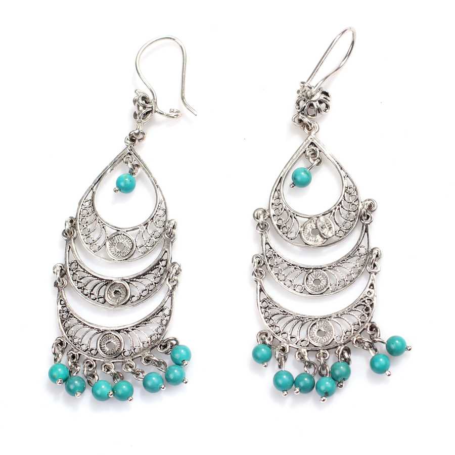 Sterling Silver Turquoise Dangle Earrings - Triple Crescent Filigree Design