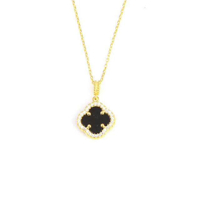 Premium 925 Sterling Silver Clover Onyx Zircon Necklace