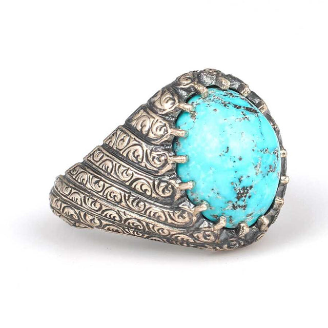 925 Sterling Silver Men's Ring with Oval Turquoise & Hand Engraving