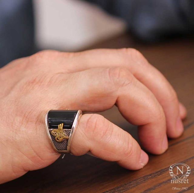 Sterling Silver Onyx Men's Ring - Ottoman Calligraphy Seal Design