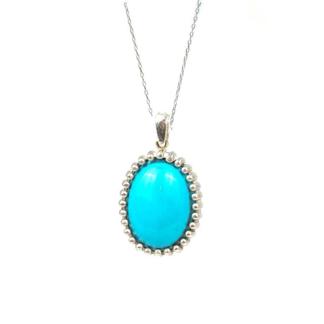 Sterling Silver Oval Turquoise Pendant Necklace - Classic Design