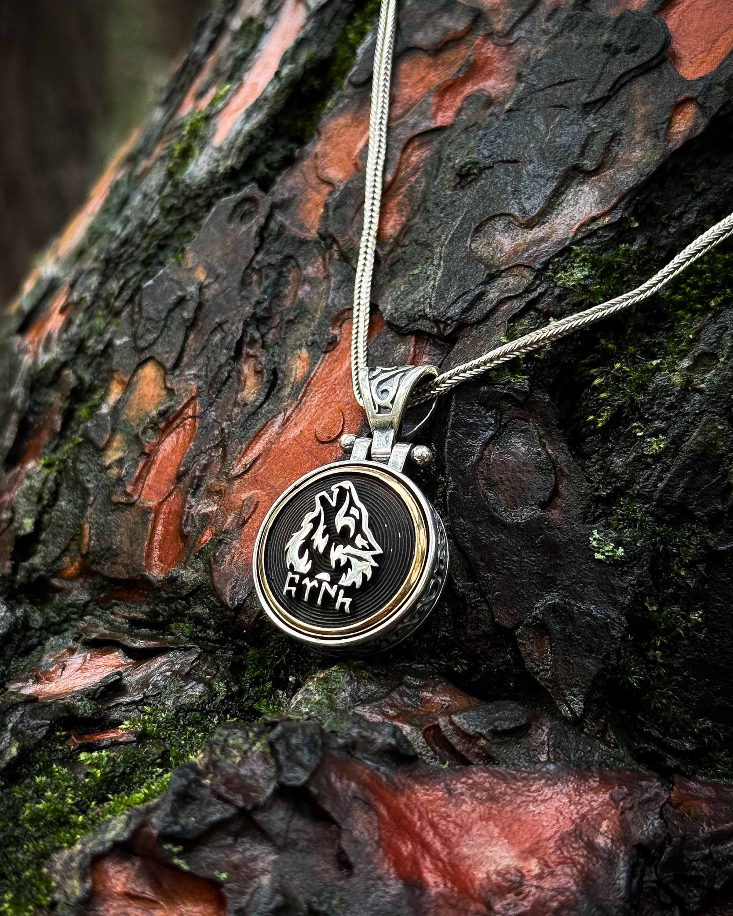 Sterling Silver Rotating Grey Wolf Pendant Necklace - Ancient Turkic Script