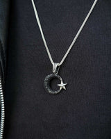 925 Sterling Silver Black Stone Crescent & Star Necklace