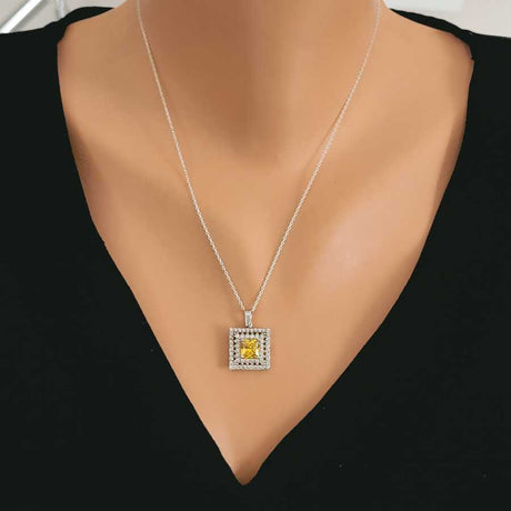 925 Sterling Silver Double Row Halo Square Zircon Pendant Necklace