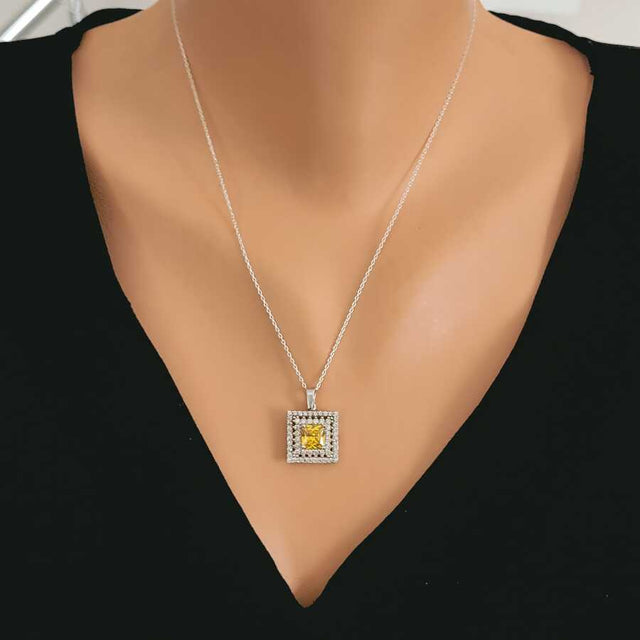 925 Sterling Silver Double Row Halo Square Zircon Pendant Necklace