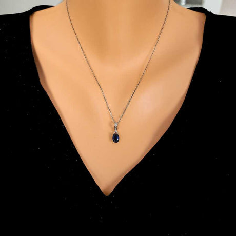 Elegant Sterling Silver Oval Synthetic Sapphire Pendant Necklace