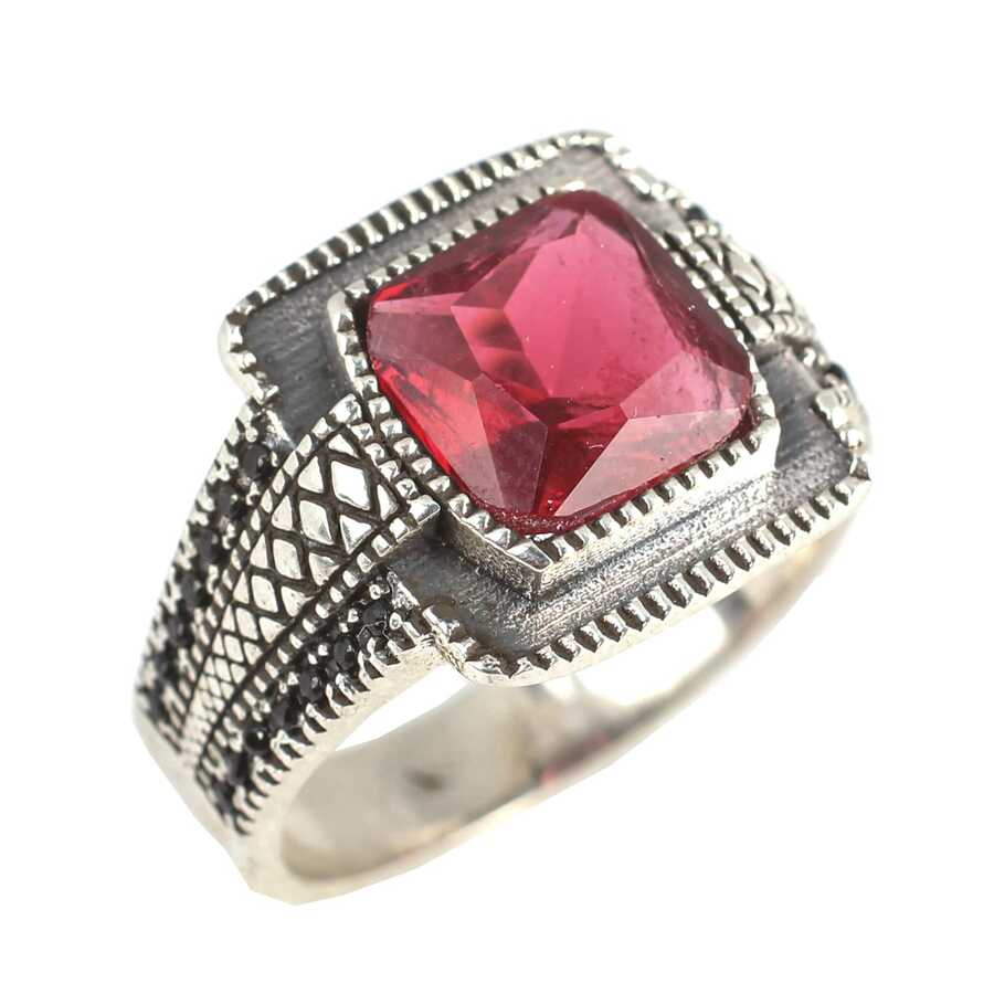 925 Sterling Silver Men's Ring with Four-Cornered Synthetic Ruby