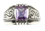 Sterling Silver Emerald Cut Amethyst Patterned Mens Ring