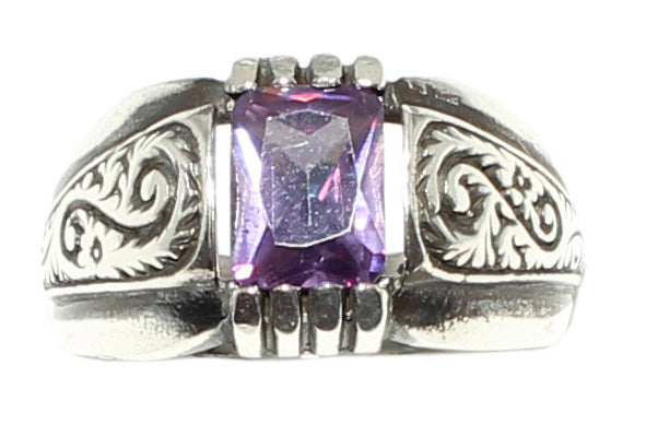 Sterling Silver Emerald Cut Amethyst Patterned Mens Ring
