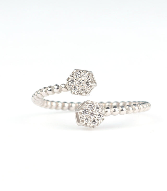 925 Sterling Silver Hexagonal Zircon Criss-Cross Beaded Ring