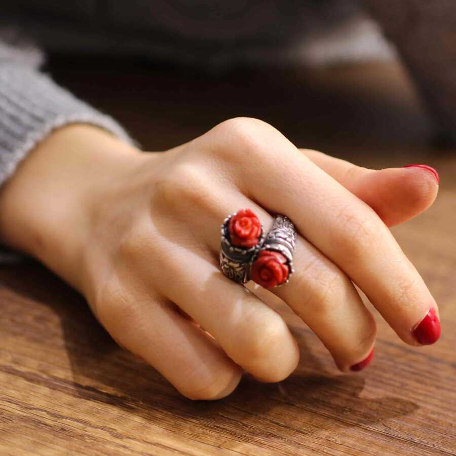 Premium 925 Sterling Silver Rose Coral Constantinople Design Ring