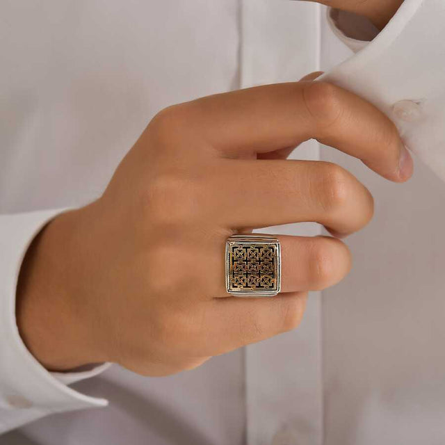 925 Sterling Silver & Bronze Blend Ring - Square Byzantine Authentic Design