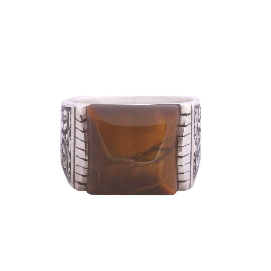 925 Sterling Silver Men's Ring - Square Tiger's Eye & Hand-Engraved