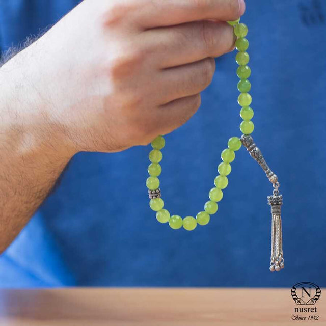 Natural Jade Silver Prayer Beads - Sphere Cut Design