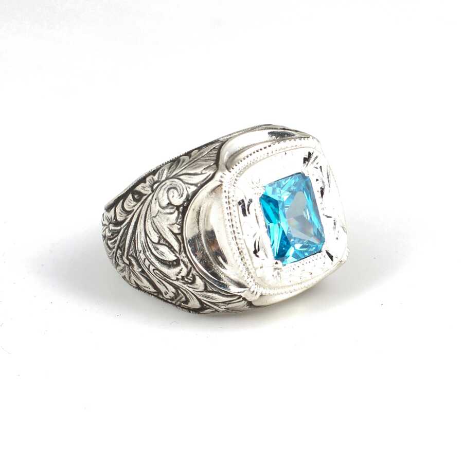 Artisan Engraved 925 Sterling Silver Aquamarine Men's Ring