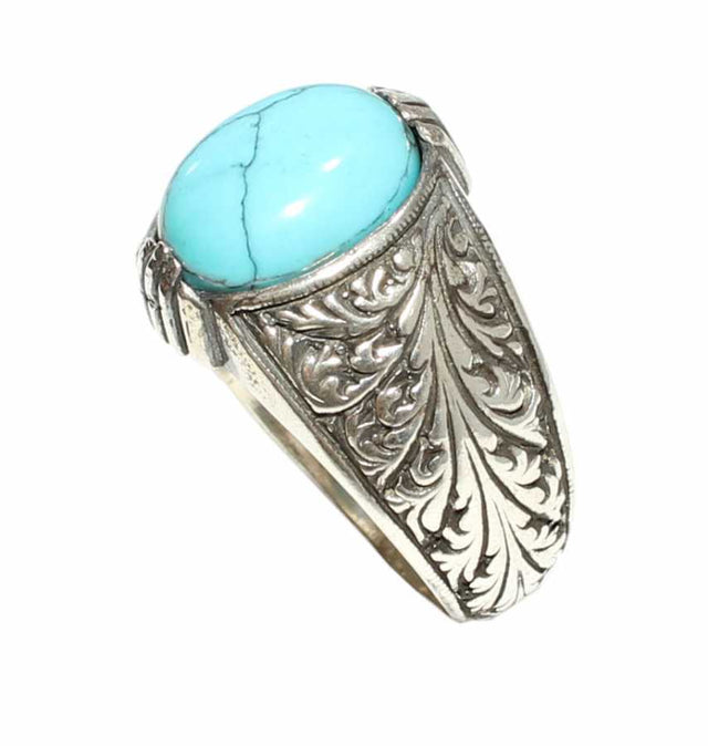 925 Sterling Silver Men's Ring - Oval Turquoise Engraved Design