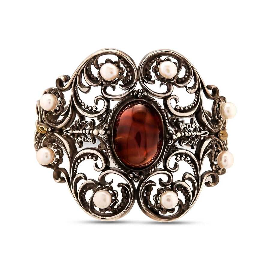 Professional Sterling Silver Pearl Tiger Eye Byzantine Cuff Bracelet