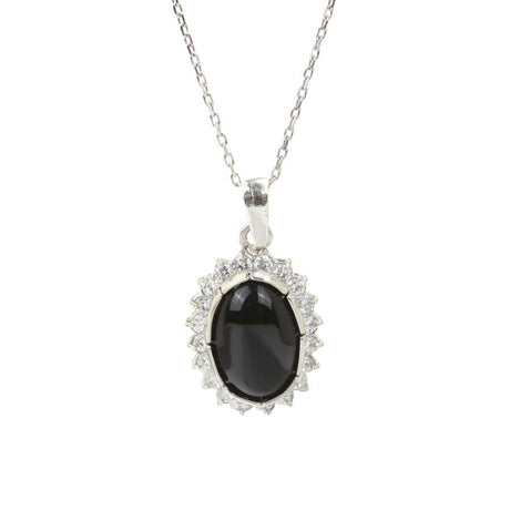Premium Sterling Silver Large Oval Onyx Flower Necklace