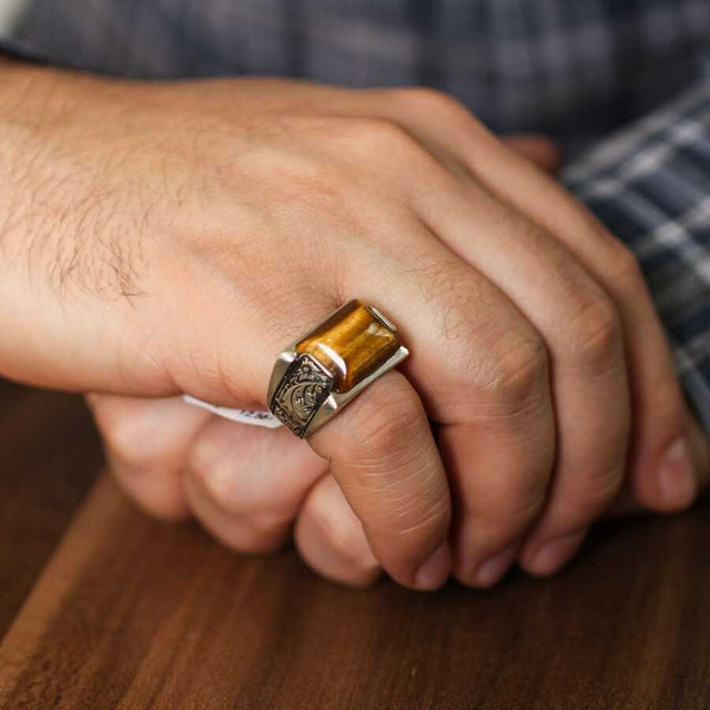 925 Sterling Silver Tiger's Eye Men's Ring - Rectangular Design