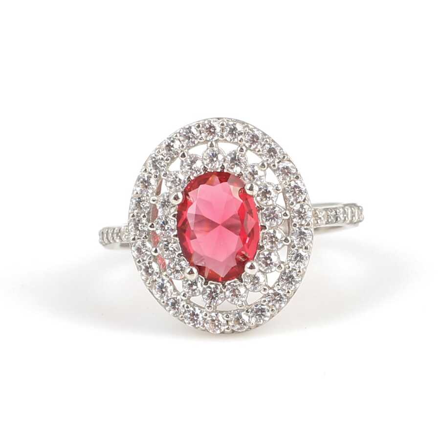 Sterling Silver Oval Ruby Red Double Halo Ring
