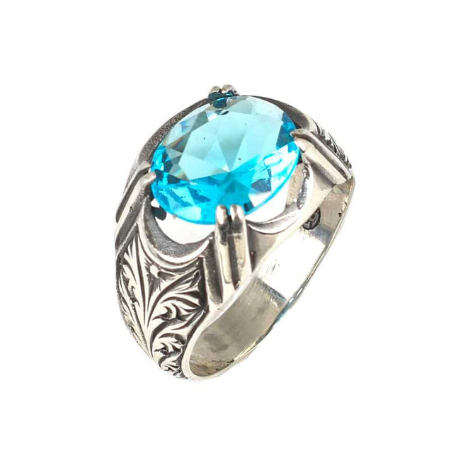 Premium Sterling Silver Oval Aquamarine Mens Ring