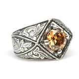 925 Sterling Silver Men's Citrine Cross Square Hand-Engraved Ring