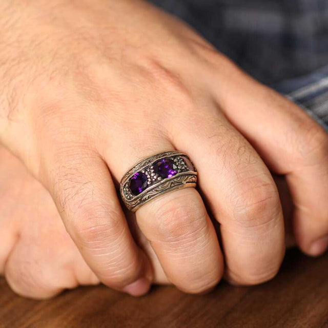 925 Sterling Silver Engraved Three-Stone Men's Ring with Amethyst Zircon