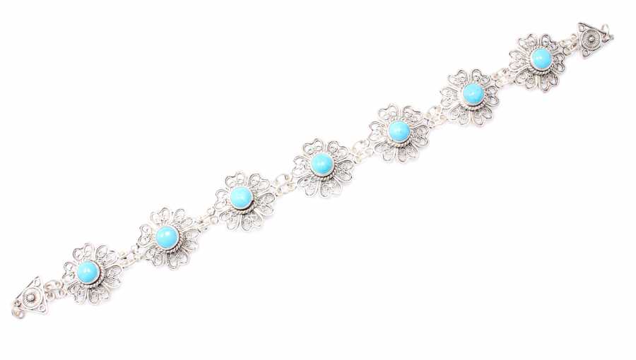 Exquisite 925 Sterling Silver Floral Filigree Turquoise Bracelet