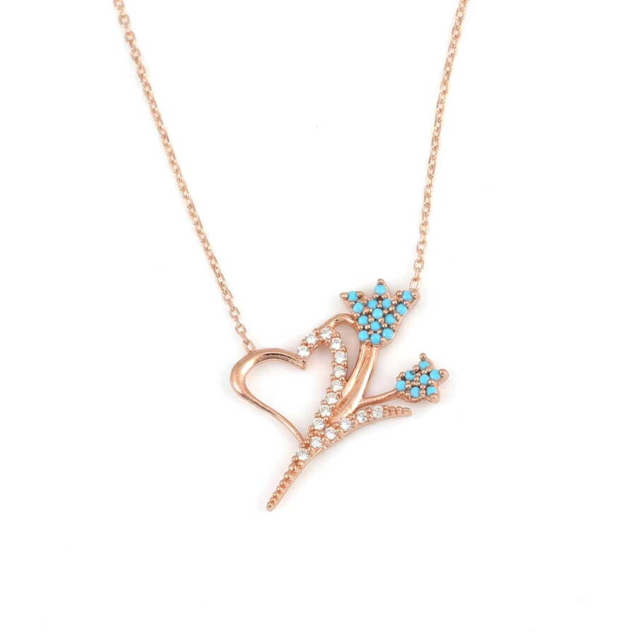 Sterling Silver Turquoise & Zircon Heart & Tulip Pendant Necklace