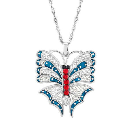 Sterling Silver Butterfly Filigree Necklace with Zircon & Enamel