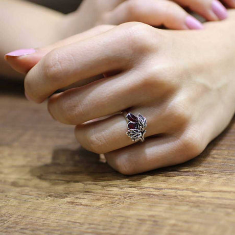 Premium Sterling Silver Red Enamel Leaf Ring