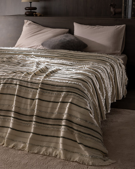 Cozy Acrylic-Polyester Double Bedspread - Ecru Earth Two-Tone Design
