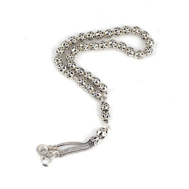 Sterling Silver Prayer Beads - Perforated Sphere, Crescent & Star Triple Tassel